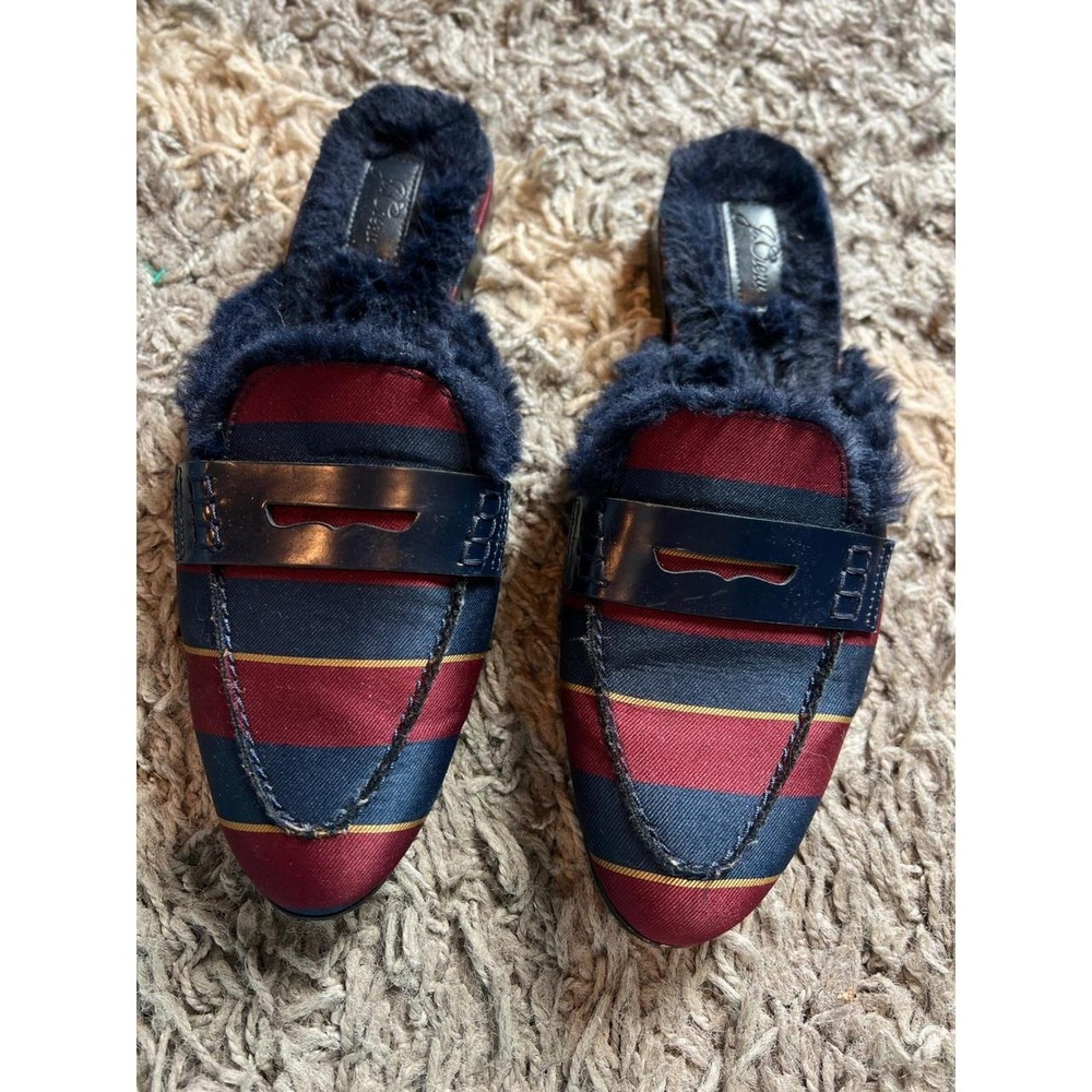 J.Crew Regimental Stripe Faux Fur Lined Penny Loafer Mules Navy Burgundy 8.5